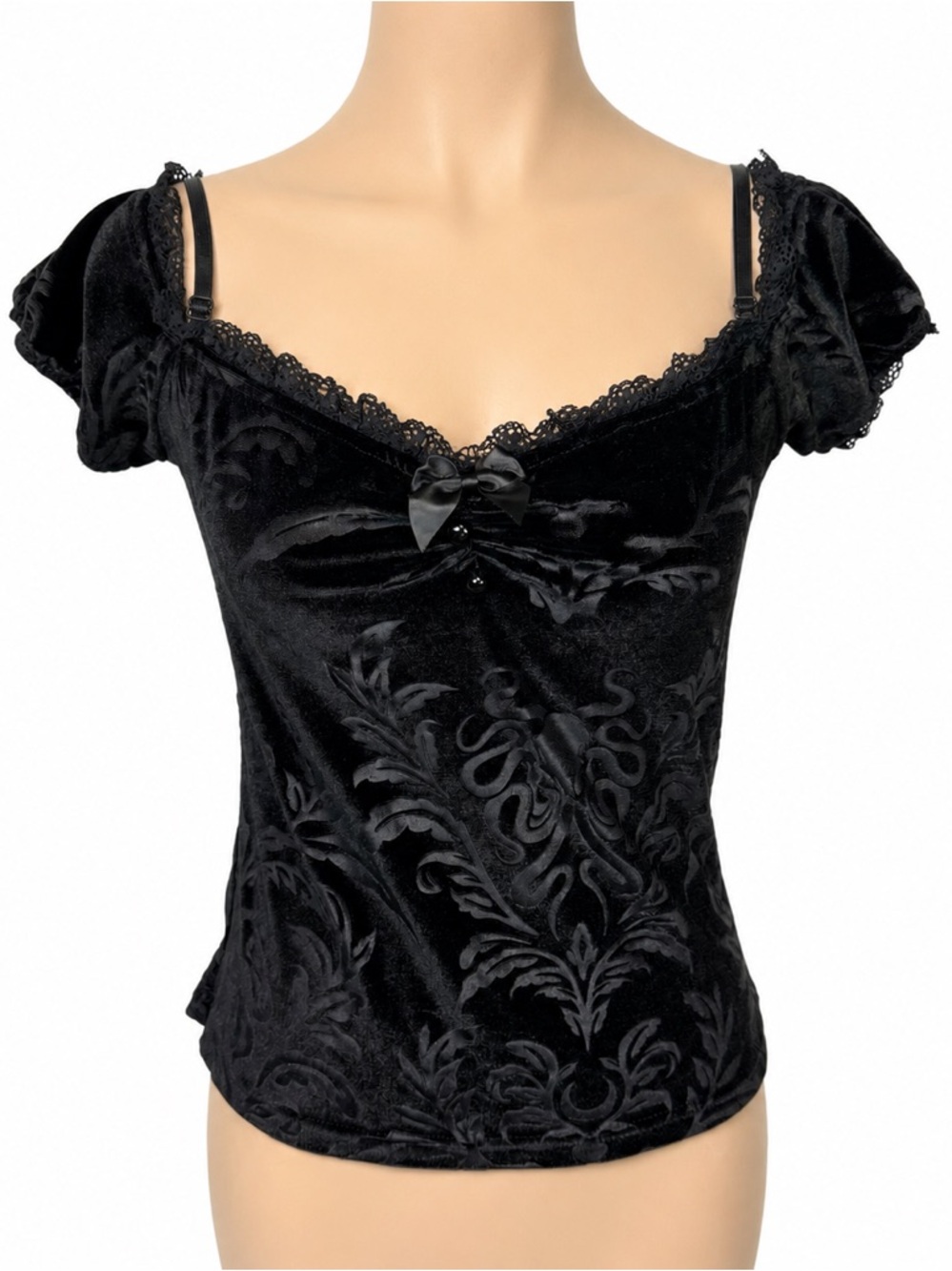 Y2K Black Burnout Velvet Off Shoulder Puff Sleeve Top Size Medium Goth Fairy